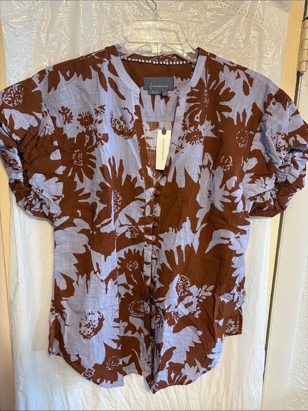 Anthropologie Brown and Light Blue Floral Button-Front Shirt